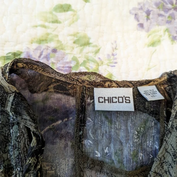 Chico's 100% Silk Sheer Long Sleeve Ruffled Blouse, Size 1/Med NWOT - Picture 6 of 8